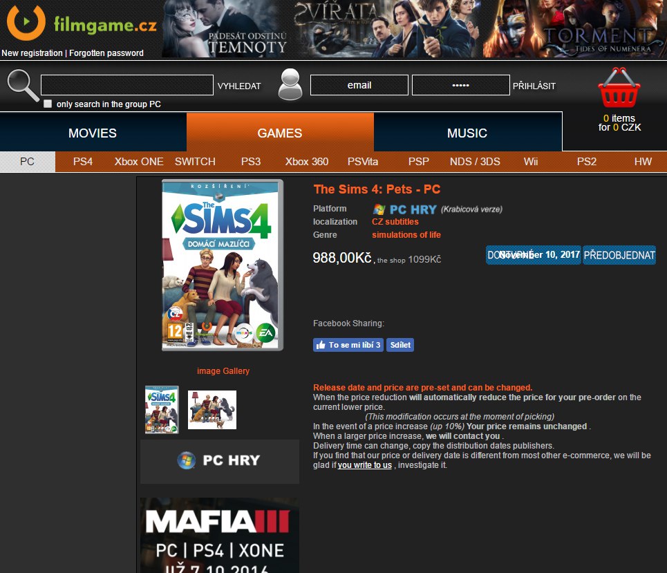 Фейковая страница предзаказа питомцев The Sims 4 на чешком сайте