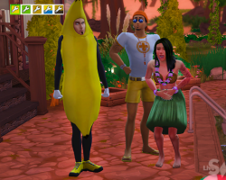 Костюмы банана, пляжного спасателя и гавайский наряд из цветов