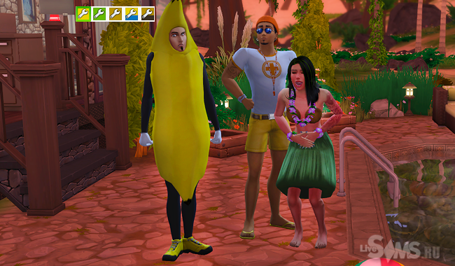 Костюмы банана, пляжного спасателя и гавайский наряд из цветов